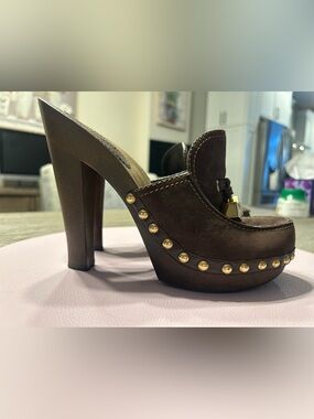 Louis Vuitton Brown Studded Platform Mule Heels with Tassel